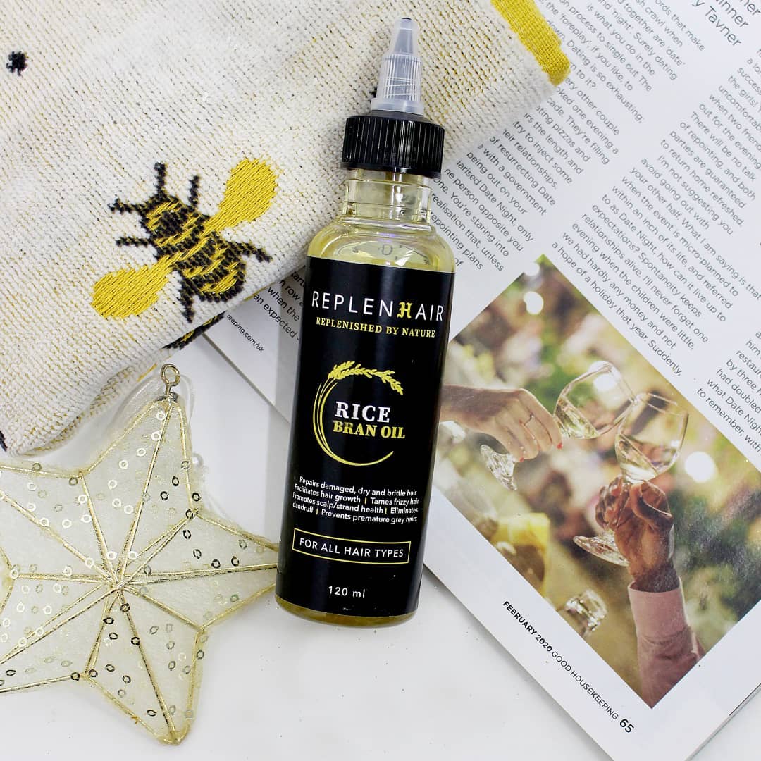 Grapeseed oil infused Replenhair’s 100% organic rice bran hair oil