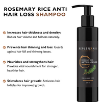 Experience the power of nature with our Replenhair Rosemary Rice Anti-Hair Loss Shampoo. Formulated with a potent blend of natural ingredients, this shampoo not only cleanses your scalp and hair but also creates an ideal environment for healthy hair growth.