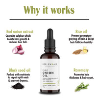 Replenhair's Onion Hair Oil is powered with red onion seed oil and black seed extract that works from hair to roots to provide complete hair nourishment and promote natural hair growth.